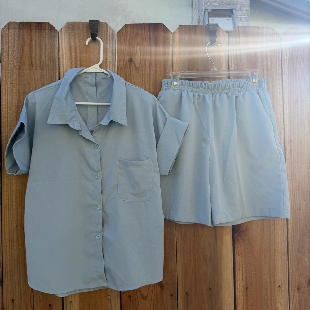 Light Blue Relaxed Button-Up Shirt & Elastic Waist Shorts Set